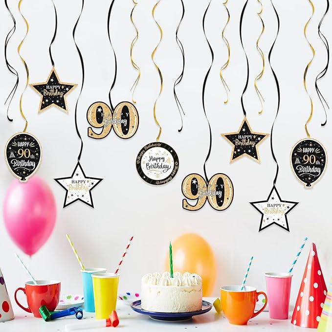 Happy 90th Birthday Black & Gold Glitter Swirls Streamers Party Decorations - 15 Pcs 90th Birthday Hanging Swirls Streamers Kit,Cheers to Ninety Years Old Bday Party Sign.