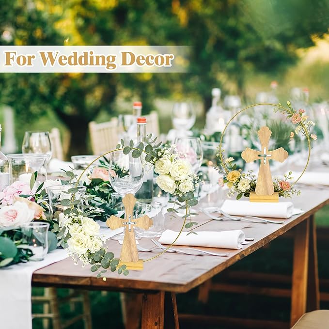 Mototo 48 Pcs Standing Wooden Cross Baptism Centerpieces Decor 16 Wooden Cross with Base 16 Gold Metal Floral Hoop with Wooden Stand Baptism Centerpiece Table Decor for Wedding Event Home Table