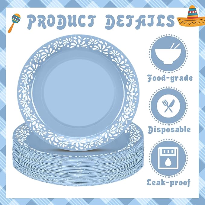 Yungyan 50 Pcs 12 Inch Blue Platos De Barro Cielito Lindo Plates Mexican Paper Plates Cielito Lindo Party Favors for Talavera Birthday Wedding Party Decoration