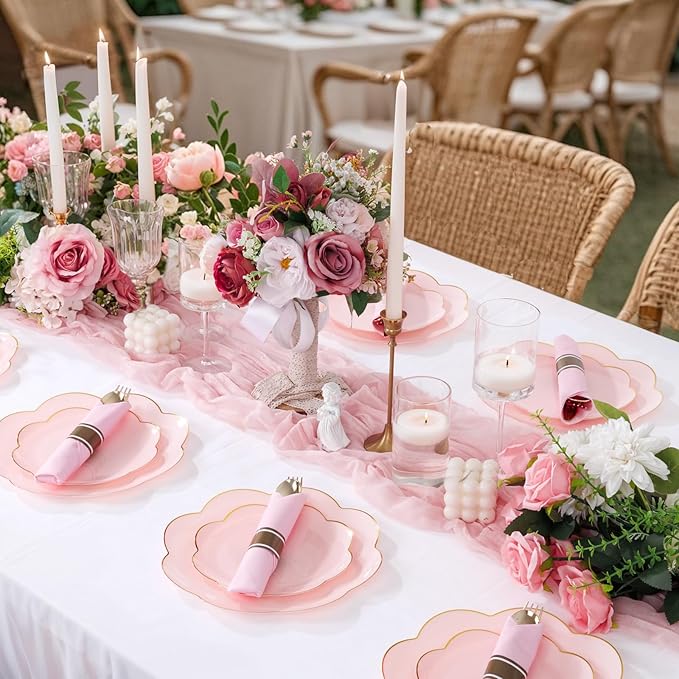Supernal Gold Plastic Silverware Set with Pre Rolled Pink Napkin-Disposable Cutlery with Pink Linen Napkin Gold, Wrapped Plastic Silverware Heavy Duty Suit for Birthdays, Parties, Weddings 30Packs