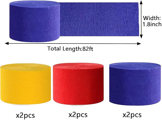 We Moment Red and Blue Yellow Crepe Paper Streamers Party Streamer 1.8 Inch Widening 6 Rolls,Theme Party Decorations Streamer 82 feet per roll for Birthday Party Decorations