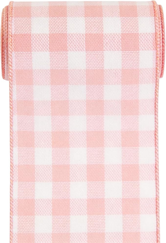 Meseey 4 Inch Pink White Buffalo Plaid Burlap Wired Ribbon 10 Yards Farmhouse Tartan Check Wired Edge Ribbon for Decor Crafts