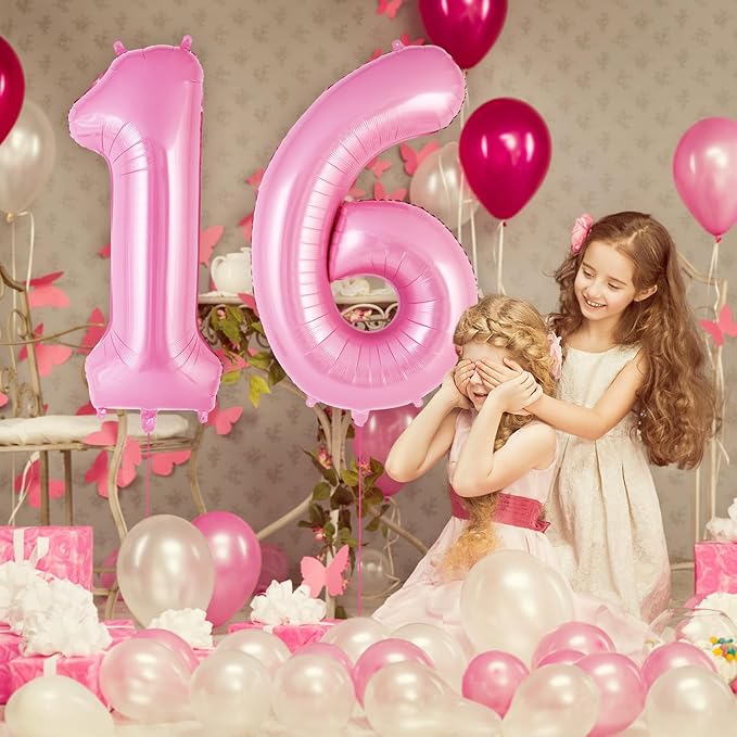 Pink Number 16 Balloon, 40 Inch Big Large Foil Helium Number Balloons, Giant Mylar Number 16 Balloons for 16 Years Old Birthday Party Decorations Supplies Anniversary