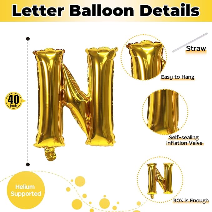 40 Inch Gold Alphabet Balloons - Large Self-Inflating Custom Letter N Decor for Name Words - Helium Foil for Men Birthday Party Anniversary Decorations Supplies
