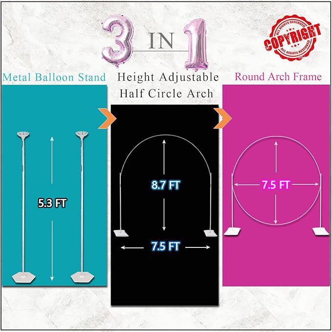 Decojoy Balloon Arch Stand, 7.5ft Large Round Backdrop Frame, Adjustable Half Circle Arch, 2 set Reusable Metal Ballon Column Kit with Base 3IN1 for Birthday, Wedding, Graduation, Shower Party