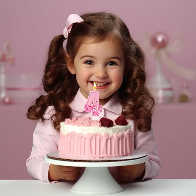 Pink Sequin Birthday Candles, Cake Number Candles, Girls 0th Birthday Decorations, Suitable for Birthday Parties, Anniversary Party Decorations(4)