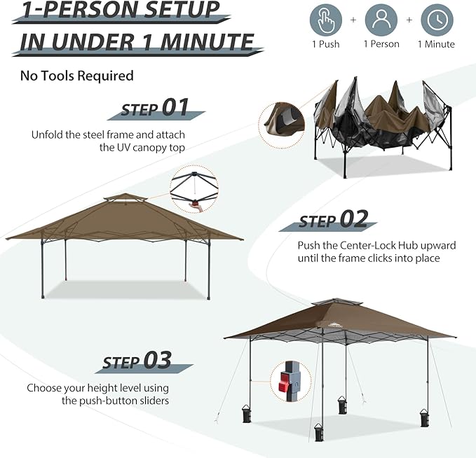 EAGLE PEAK 13x13 Straight Leg Pop Up Canopy Tent Instant Outdoor Canopy Easy Single Person Set up Folding Shelter w/Auto Extending Eaves 169 Square Feet of Shade (Brown)