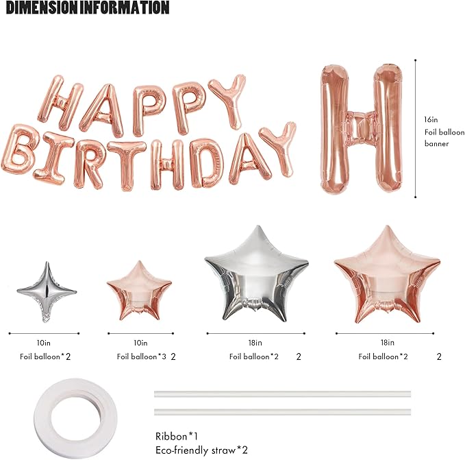 CANREVEL Happy Birthday Banner 13pcs 16 Inch Mylar Foil Letters Sign with 8pcs Star Balloons Birthday Party Decorations for Kids and Adults - 3D Rose Gold