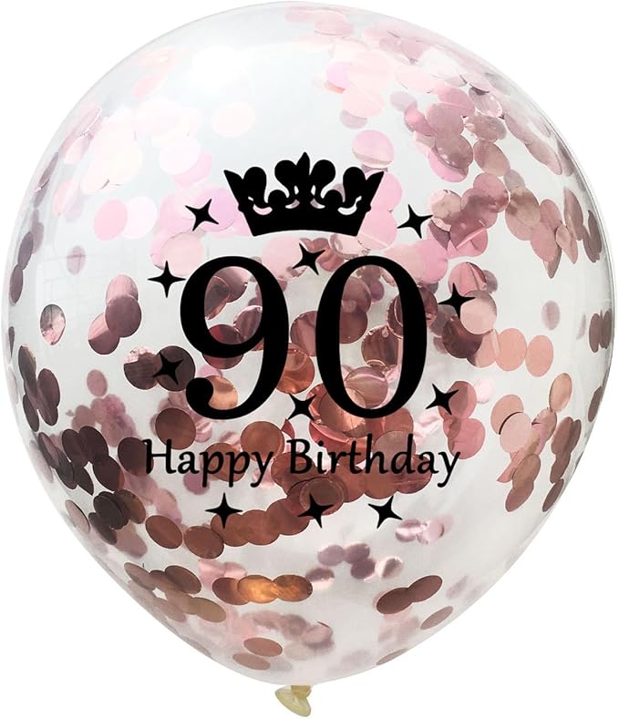 SHUNTAI 90th Birthday Balloons Rose Gold 90th Birthday Decorations for Women Her Latex Confetti Balloon 90 Year Old Anniversary Theme Happy Birthday Party Supplies 15 Pack 12 Inch