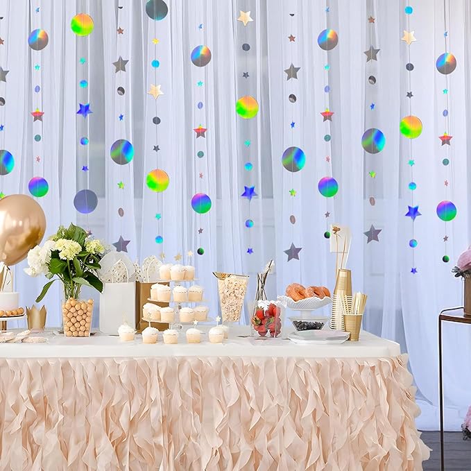 Valentine's Day Decoration Star and Circle Hanging Garland, 65 feet Party Decorations Stars Banner Streamer Backdrop for Birthday Baby Shower Starry Night Theme Party Supplies (Rainbow Silver)