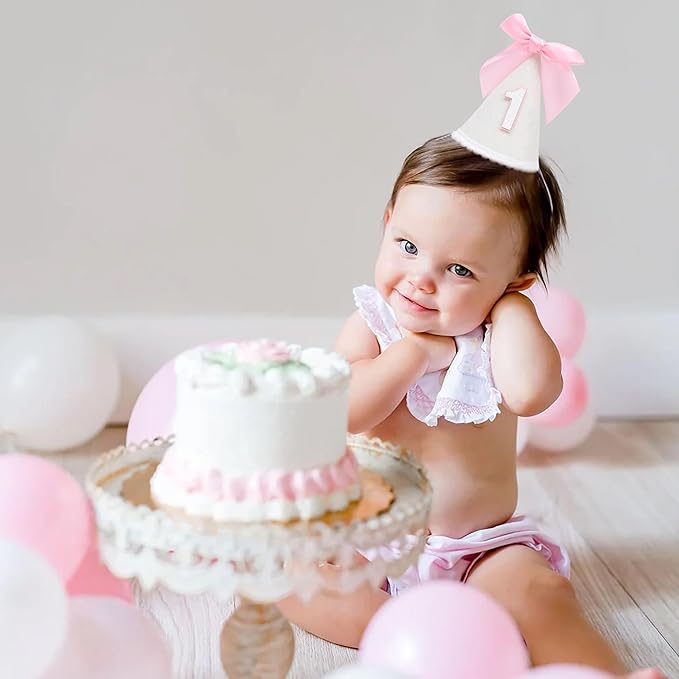 Pink Bow 1/2 Birthday Hat- Pink half Birthday hat, Princess 1st Birthday Supplies,Half Birthday Decorations for Girls