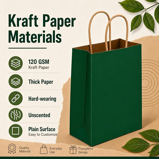 MAQIHAN 15 PCS Small Kraft Bags with Handles - Halloween Kraft Paper Bags Green Paper Craft Bag with Candy Festive Birthday Party Favor Shopping Small Business
