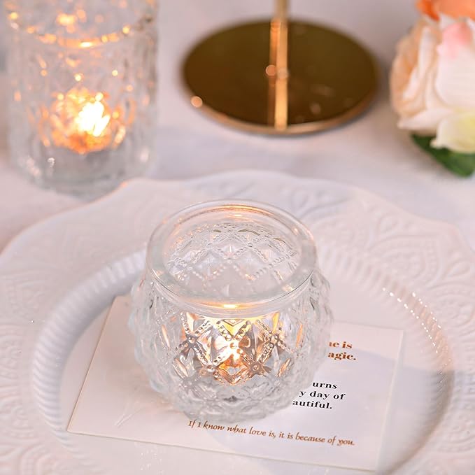 DARJEN Clear Votive Candle Holders Set of 24- Round Glass Candle Holders Bulk for Tea Light Candle, Embossed Candle Votives for Wedding Centerpiece, Various Parties & Home Decor