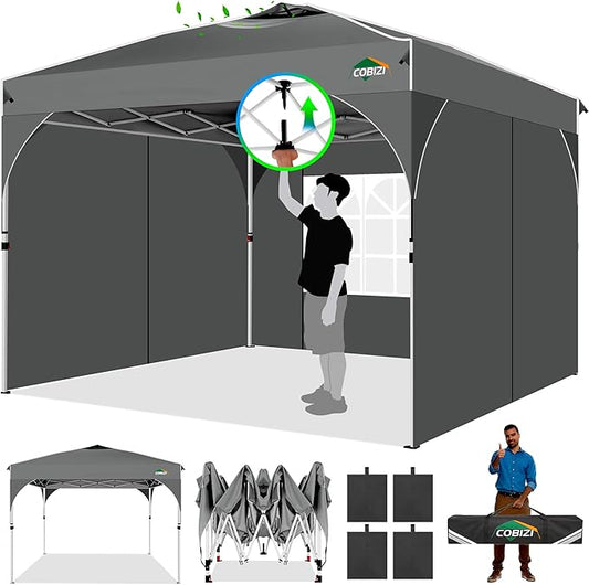 COBIZI Canopy Tent 10x10, Easy Up 10x10 Pop Up Canopy for Party Camping, Party Tents with One Push Central Button Air Vent, Outdoor Gazebo Tent with Sidewalls and Reflective Strip(Grey)