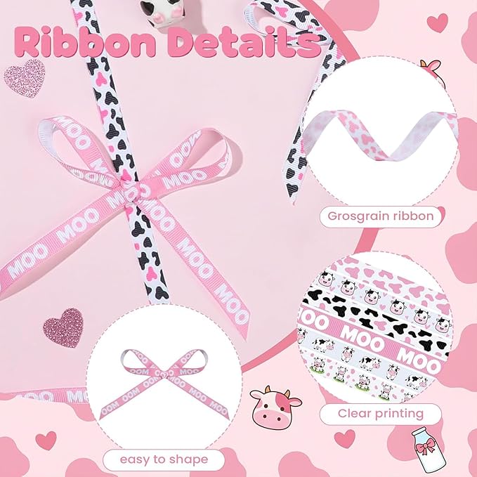 6 Roll Cow Print Ribbons, 3/8 Inch x 30 Yard Pink White Cow Spot Ribbon, Gift Wrap Grosgrain Ribbons, Animal Print Craft Ribbon for Farm Party Favor Christmas Wreath Bow DIY Craft Decor