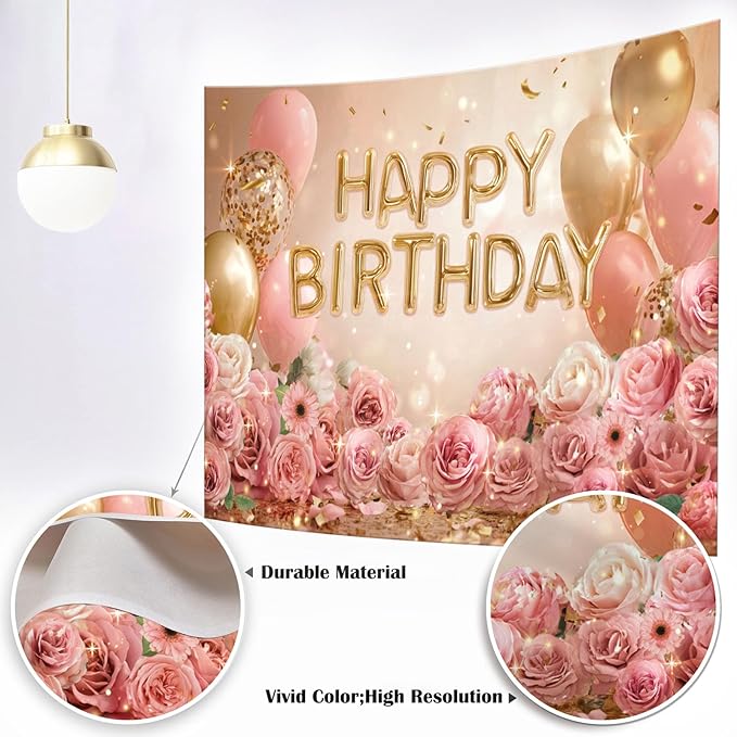 Mocsicka 7x5ft Rose Gold Birthday Backdrop Pink Balloon Floral Decorations for Women Girls Gold Anniversary Party Photography Background (Rose Gold, 82 x 60 Inch)