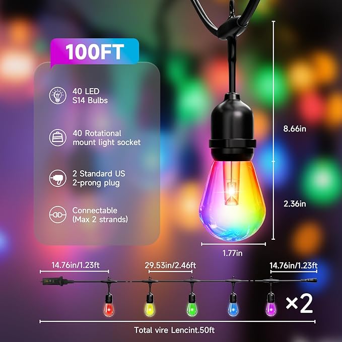 RGB Safety String Lights 100FT - Commercial Grade Low Voltage Strand with 40 S14 Shatterproof Bulbs for Tree Garden Yard bistro Cafe | RGB Party Lights & Outdoor Lights | IP65 Waterproof | UL Listed