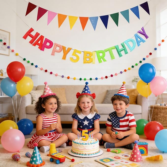 Happy Birthday Banner Pre Strung Felt Decorations Reusable Party Garland Set Rainbow Birthday Supplies With Ball Garland And Pennant Flag For Girls Boys Women Men Photo Prop Room Decor Rainbow