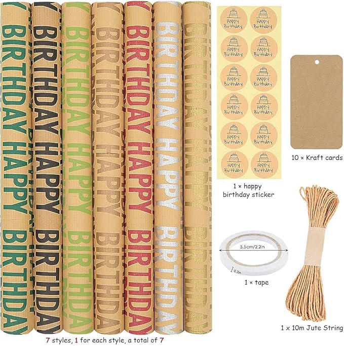Happy Birthday Wrapping Paper For Men Boys Women Adults Kids Girls, Gift Wrapping Paper Recycled Multipack (7 Sheets,20 x 28 inches per sheet,27 Sq.ft. ttl.,) W/ 10 Gift Tags Jute Twine Tape Stickers