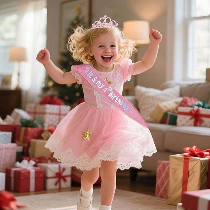4th Birthday Crown & Sash Pink Birthday Decorations