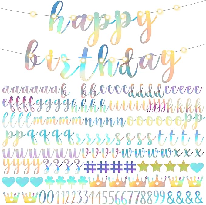 TaoBary 167 Pcs DIY Banner Kit Happy Birthday Glitter Banner Customizable Glitter Make Your Own Kit 162 Letters Symbols and Numbers 3 Rope for Birthday Halloween Wedding Christmas(Holographic)