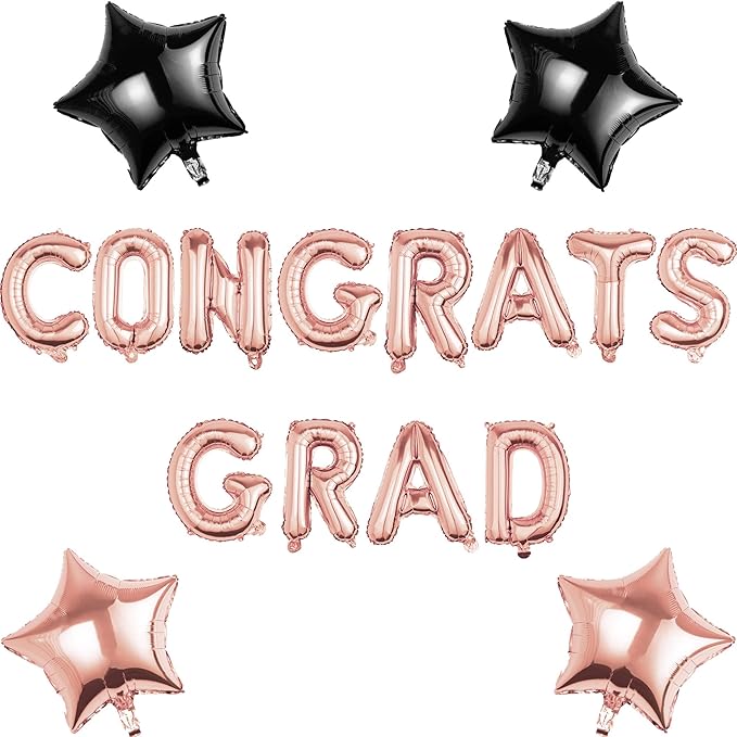 Graduation Balloons Set - CONGRATS GRAD Rose Gold Foil Letter Balloons with Star Decorations - Perfect Graduation Gift for 2026 Graduates - Party Decoration Kit