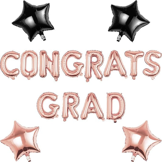 Graduation Balloons Set - CONGRATS GRAD Rose Gold Foil Letter Balloons with Star Decorations - Perfect Graduation Gift for 2026 Graduates - Party Decoration Kit