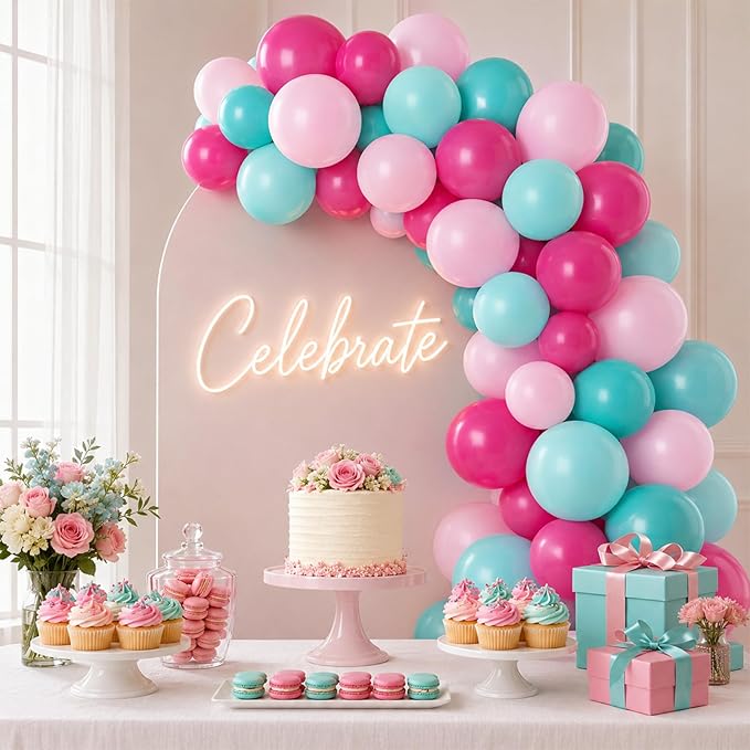 Teal and Pink Balloons, 60PCS Teal Pink Balloon Set, 12 Inch Blue Rose Red White Latex Metallic Confetti Balloons for Baby Shower Birthday Wedding Bridal Shower Hawaii Summer Party Decor