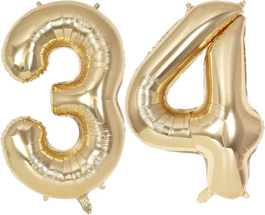 Champagne Large Number 34 Balloon, 40 Inch Light Gold Foil Helium Number Balloons, Giant Mylar Number 34 Balloons for 34 Years Old Birthday Party Anniversary Decorations (Champagne Gold 34)