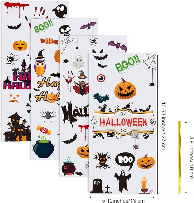 Aegero Halloween Cellophane Treat Bags, 200pcs Trick or Treat Goody Bags with 220pcs Twists for Snacks Cookies Packing, Party Supplies,Halloween 03