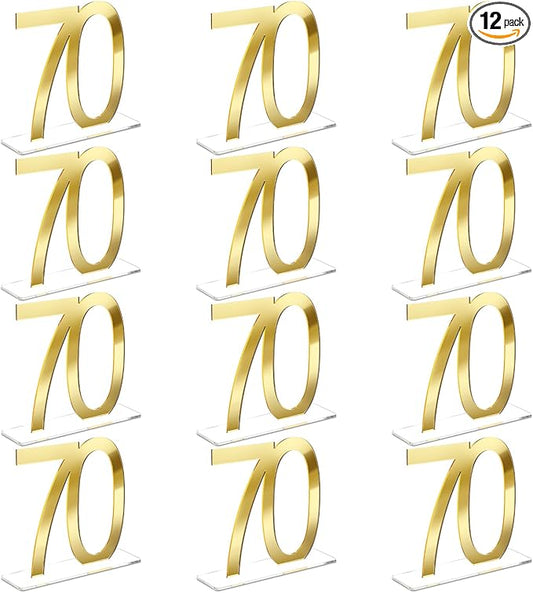 Threehoney 12 Pcs Mirror Gold 70th Birthday Decorations for Men and Women Acrylic Anniversary Decorations Table Numbers Centerpieces for Birthday Party