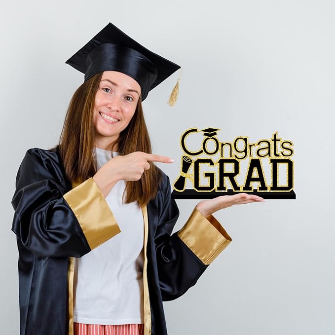 4Pcs Black and Gold Graduation Decorations Class of 2026 Congrats Grad Wooden Table Centerpieces Grad Table Toppers Congratulate Tiered Tray Decor for 2026 Graduation Decorations