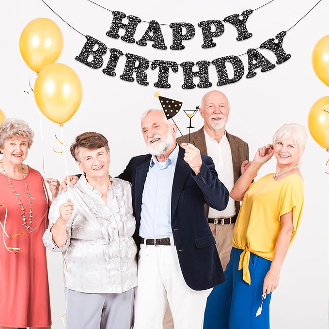 Black Happy Birthday Banner Birthday Party Decorations Happy Birthday Banner Bunting Garland Sign for Kids Boys Girls Adults Birthday Baby Shower Celebration Party Backdrops Supplies