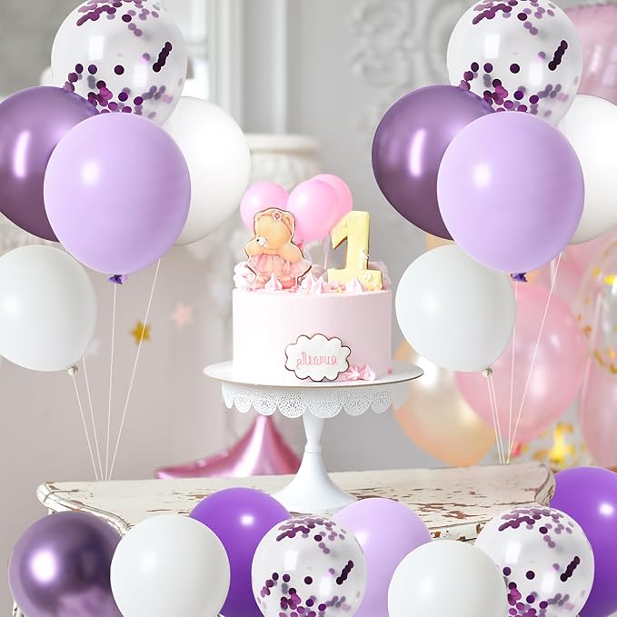 RUBFAC Purple Balloons, Lavender Purple Metallic and Confetti Party Balloons 65pcs 12 Inch for Mother's Day, Baby Shower, Girls Birthday, Wedding, Anniversary Party Decorations