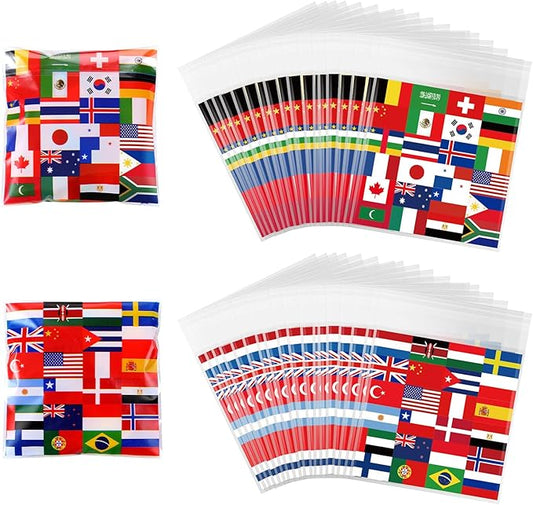 Supervitae 200 Pcs International World Flag Bags Flags of All Nations Cellophane Cookie Bags Bulk 4 x 4 Inch Bag Self Adhesive Clear Treat Goodie Gift for Party Supplies Bakery Packaging