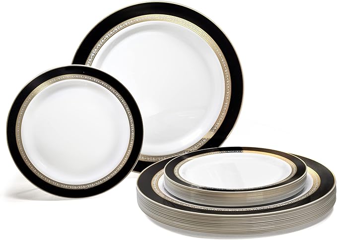 " OCCASIONS " 120 Plates Pack,(60 Guests) Heavyweight Premium Wedding Party Disposable Plastic Plates Set -60 x 10.5'' Dinner + 60 x 7.5'' Salad/Dessert (Ritz Black and Gold)