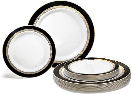 " OCCASIONS " 120 Plates Pack,(60 Guests) Heavyweight Premium Wedding Party Disposable Plastic Plates Set -60 x 10.5'' Dinner + 60 x 7.5'' Salad/Dessert (Ritz Black and Gold)