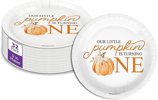 Our Little Pumpkin Is Turning One First Birthday - 32 Piece Disposable Party Supplies - Decorations for Fall 1st Birthday Round Party Plates - Large 9" Paper Plates In Bulk