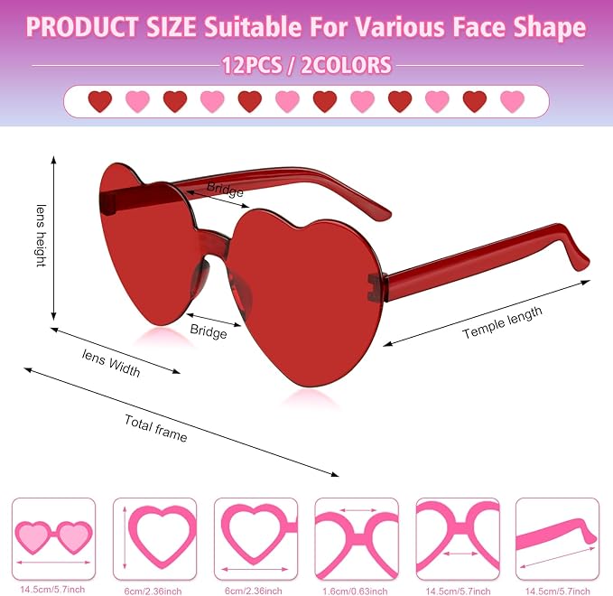 NACHLYNN 12 Pairs Heart Sunglasses for Women Rimless Heart Shaped Sunglasses Candy Color Glasses for Party Favors