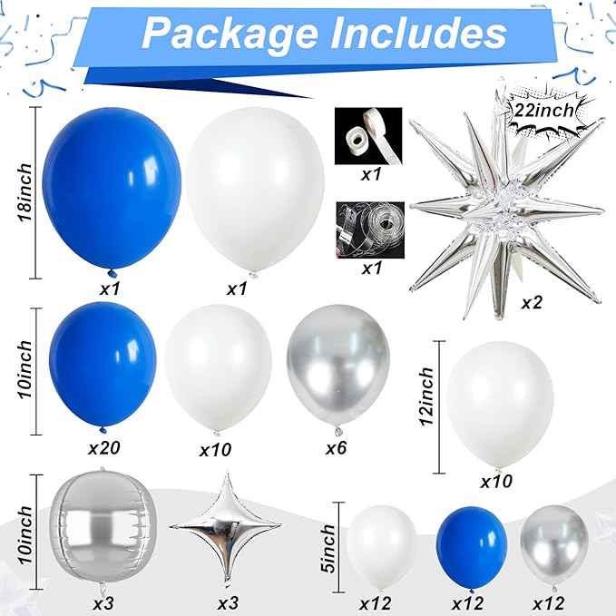 HILAVO Blue White Silver Balloon Arch Kit with Explosion Star 4D Silver Foil Balloons Royal Blue Metallic Silver White Balloon Garland for Blue 2026 Graduation Decoration Birthday Baby Shower Party
