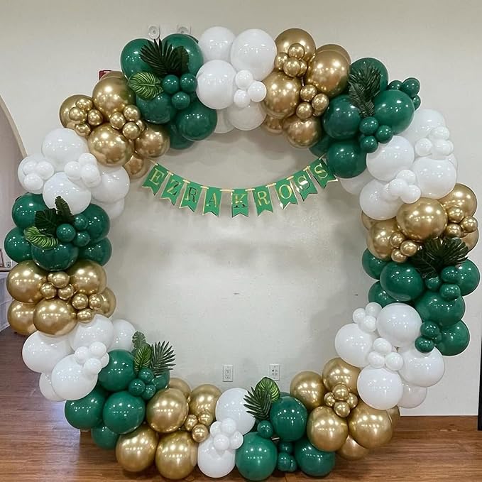 Emerald Green Gold Balloons Arch Garland Kit, 134pcs Dark Green,White,Chrome Gold Balloons for Birthday Baby Shower Wedding Anniversary Jungle Safari Wild One Animal Party Decorations