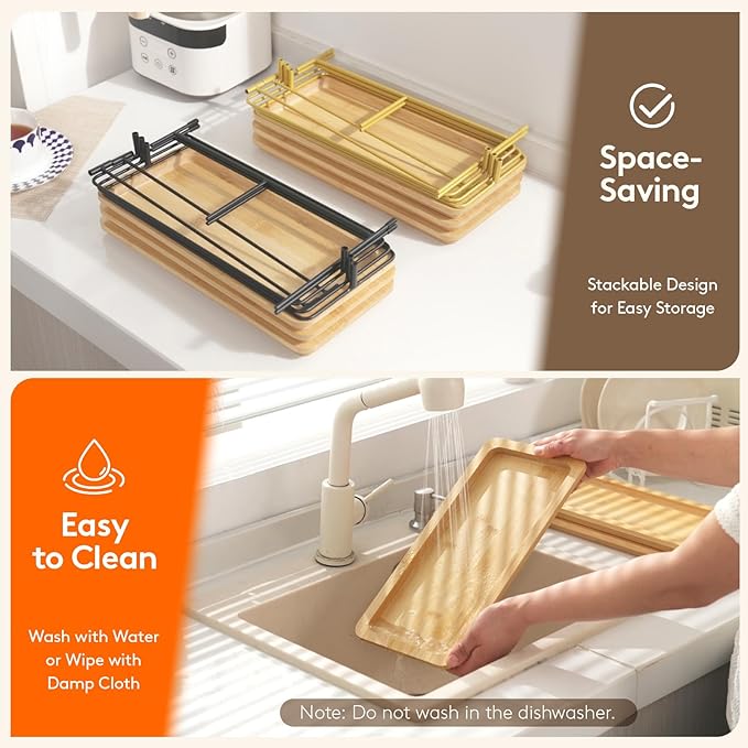 Lifewit 3 Tier Bamboo Serving Tray for Party Supplies, 30 x 17 cm/12" x 6.5" Platters for Serving Food, Reusable Trays with Black Metal Display Stand for Veggie, Fruit, Cookies, Dessert