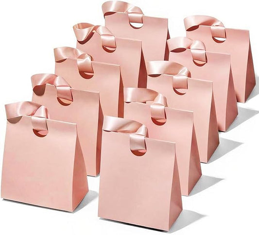 Vitalizart Paper Gift Bags With Ribbon Handles Set of 10 Pink Bulk Reusable For Gift Wrap Girls Kids Birthday Bridal Shower Party Favors Goodie Bags Candy Christmas 5.91"x3.54"x7.28" Small Size