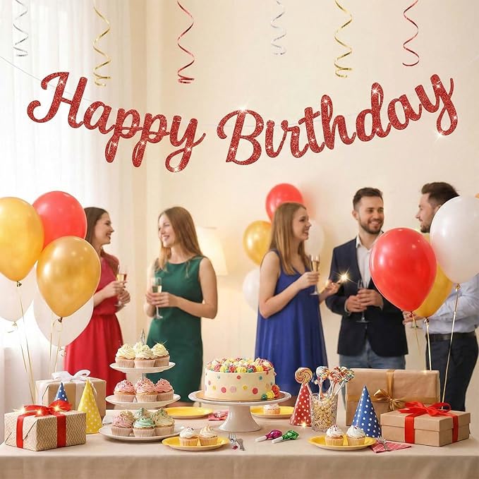 Glitter Happy Birthday Banner, DIY Birthday Party Banner Sign Decor for Women Girls Kids, Teens Adults 10 Feet, Reusable Celebration Party Supplies Garland Backdrop Decorations Signs (Red)