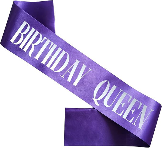 Birthday Queen Sash, Silver Foil Purple Birthday Sash for Women 21st 30th 40th 50th 60th 70th Fun Birthday Party Favors Gifts Decorations