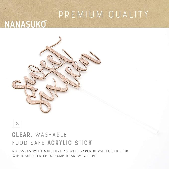 16th Birthday Cake Topper - Sweet Sixteen - Double Sided Rose Gold Glitter - Premium Quality Made in USA