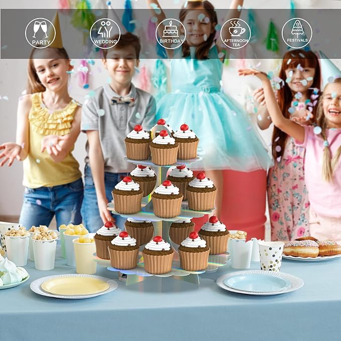 2 Pack Rainbow Silver Cupcake Stand Tower, 3-Tier Round Cardboard Cake Stand, Paper Cake Holder for Dessert Table Displays, Baby Shower Birthday Wedding Party Supplies (Laser)