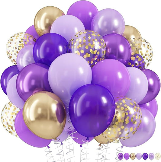 Pastel Purple Gold Balloons Set, 60Pcs 12 Inch Light Macaron Metallic Dark Purple Lavender Balloon with Gold Confetti Latex Balloons for Graduation Birthday Wedding Baby Bridal Shower Party Decoration