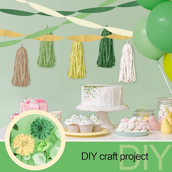 10 Rolls Crepe Paper Streamers 820ft, 5 Colors Green Sage Streamers Gold White and Brown Crepe Paper Streamer Baby Shower Decoration for Jungle Woodland Boho Wedding Birthday Party Supplies