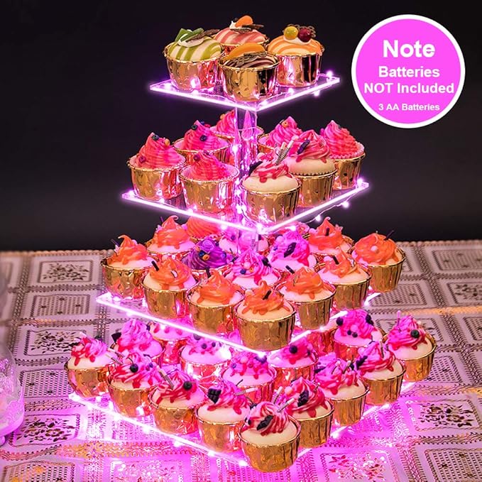 YestBuy Acrylic Cupcake Stand for 50 Cupcakes, 4 Tier Cupcakes Tower Stand with Pink LED Lights and 4.7" Clear Tiers, Perfect for Birthday, Baby Shower, Wedding and Candy Bar